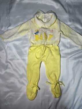 Vtg Yellow Duck Baby Sleeper NB-3M Baseball Knit Tie Unisex Zip Back